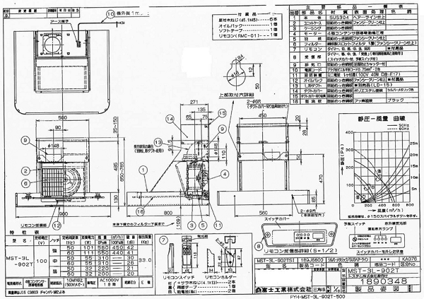 クリナップ洗エールレンジフードの取付け！　富士工業MST-3L-902T　図面